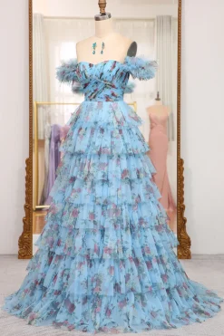 A-line Blue Printed Convertible Off the Shoulder Long Tiered Prom Dress