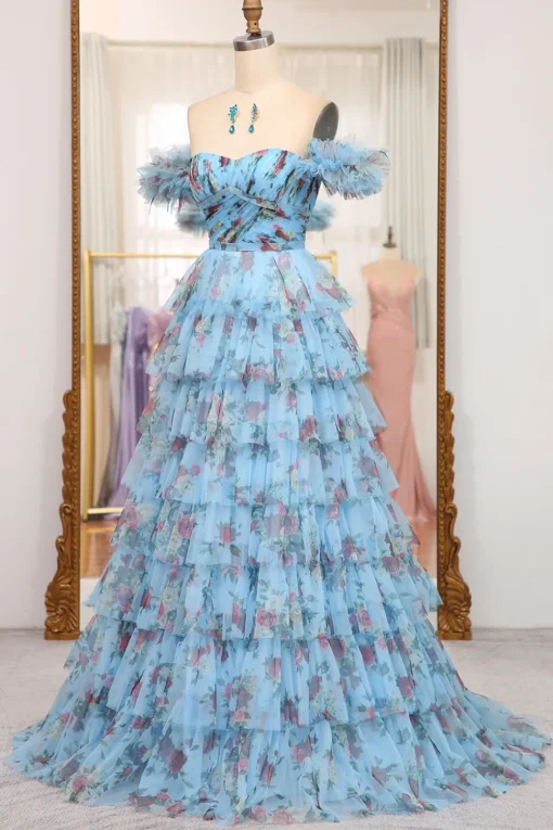A-line Blue Printed Convertible Off the Shoulder Long Tiered Prom Dress
