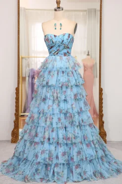 A-line Blue Printed Convertible Off the Shoulder Long Tiered Prom Dress