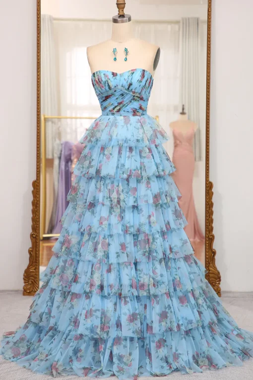 A-line Blue Printed Convertible Off the Shoulder Long Tiered Prom Dress