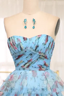 A-line Blue Printed Convertible Off the Shoulder Long Tiered Prom Dress