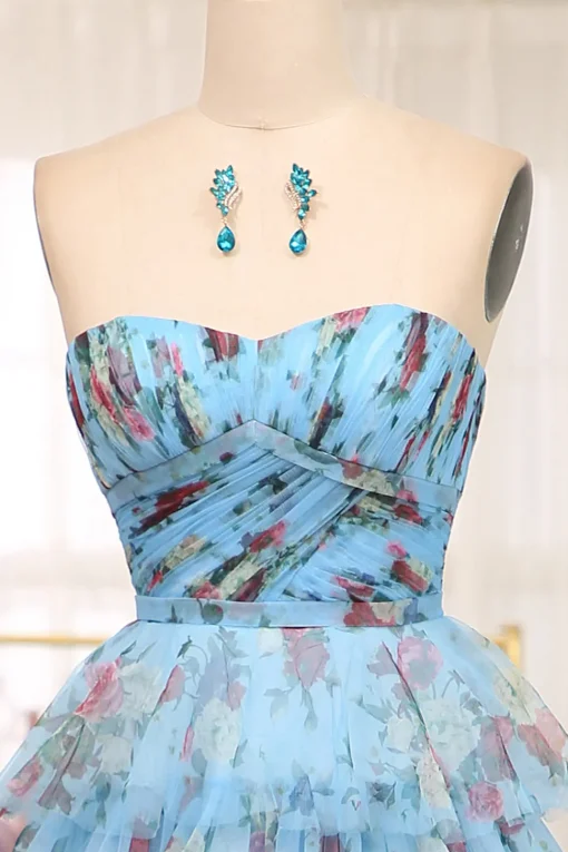 A-line Blue Printed Convertible Off the Shoulder Long Tiered Prom Dress