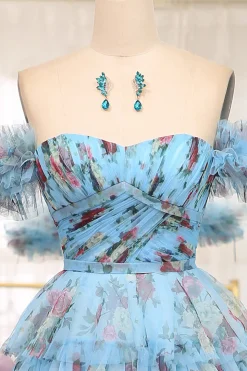 A-line Blue Printed Convertible Off the Shoulder Long Tiered Prom Dress