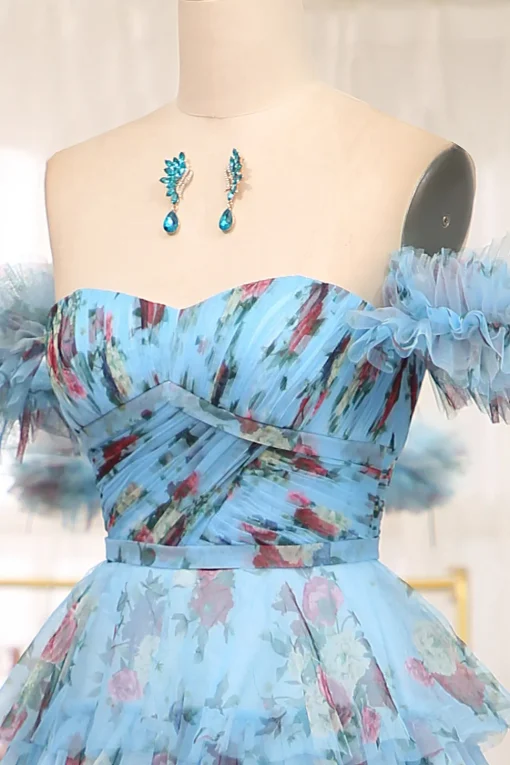 A-line Blue Printed Convertible Off the Shoulder Long Tiered Prom Dress