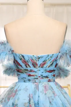 A-line Blue Printed Convertible Off the Shoulder Long Tiered Prom Dress