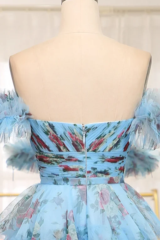 A-line Blue Printed Convertible Off the Shoulder Long Tiered Prom Dress