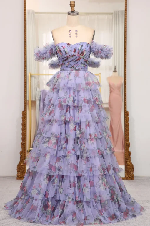 A-line Blue Printed Convertible Off the Shoulder Long Tiered Prom Dress