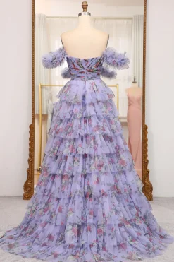 A-line Blue Printed Convertible Off the Shoulder Long Tiered Prom Dress