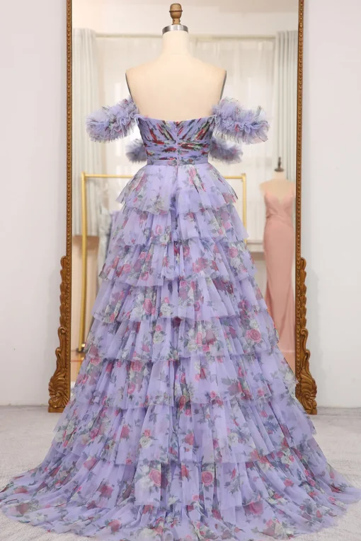 A-line Blue Printed Convertible Off the Shoulder Long Tiered Prom Dress