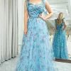 A-line Blue Printed Off The Shoulder Prom Dress