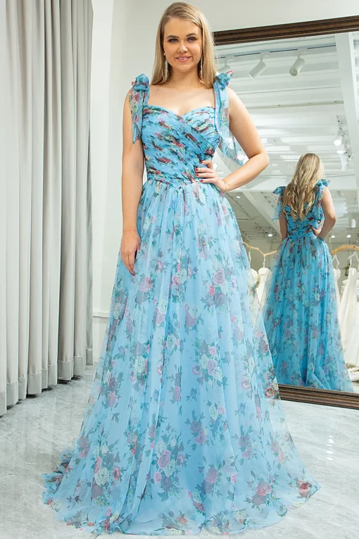 A-line Blue Printed Off The Shoulder Prom Dress