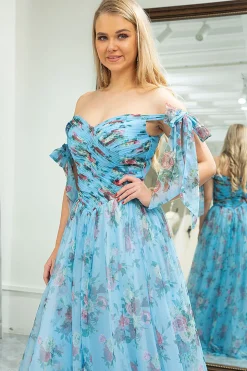A-line Blue Printed Off The Shoulder Prom Dress