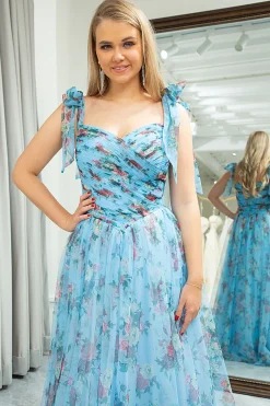 A-line Blue Printed Off The Shoulder Prom Dress