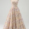 A-Line Champagne Spaghetti Straps Beaded Corset Prom Dress