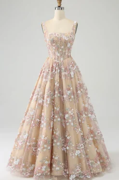 A-Line Champagne Spaghetti Straps Beaded Corset Prom Dress
