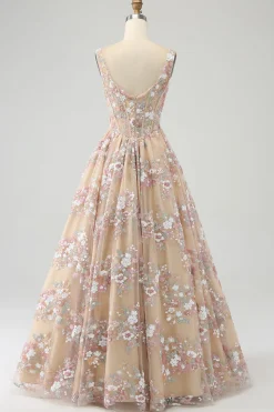 A-Line Champagne Spaghetti Straps Beaded Corset Prom Dress