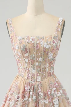 A-Line Champagne Spaghetti Straps Beaded Corset Prom Dress