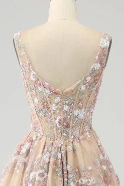 A-Line Champagne Spaghetti Straps Beaded Corset Prom Dress