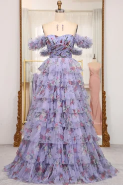 A-line Lavendar Printed Convertible Off the Shoulder Long Tiered Prom Dress