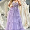 A-line Lilac Spaghetti Straps Tiered Long Prom Dress with Appliques