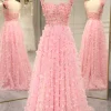 A-line Off The Shoulder Pink Long Bridesmaid Dress with 3D Flowers
