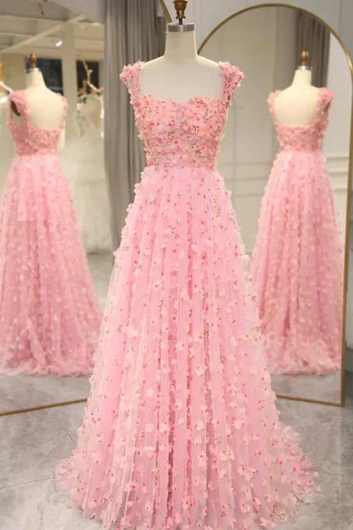 A-line Off The Shoulder Pink Long Bridesmaid Dress with 3D Flowers