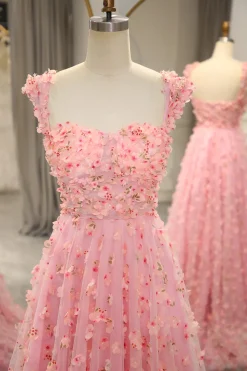 A-line Off The Shoulder Pink Long Bridesmaid Dress with 3D Flowers