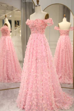 A-line Off The Shoulder Pink Long Bridesmaid Dress with 3D Flowers