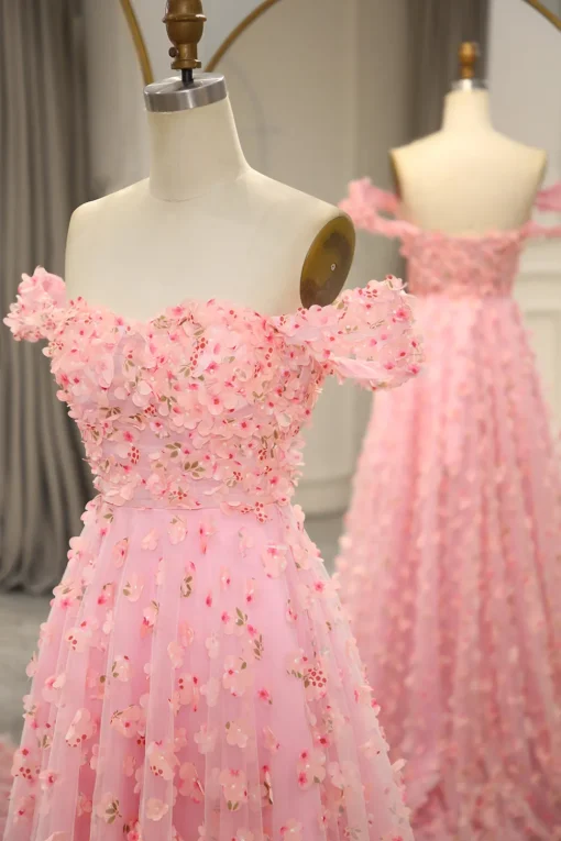 A-line Off The Shoulder Pink Long Bridesmaid Dress with 3D Flowers