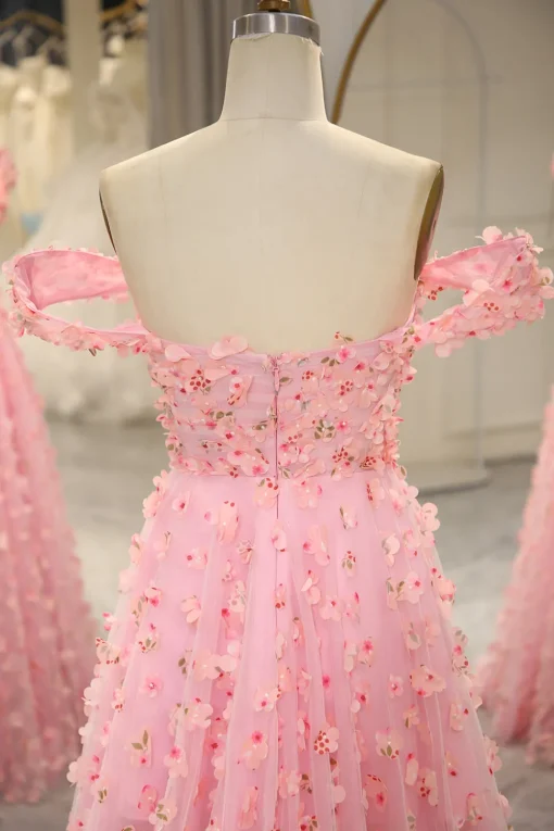 A-line Off The Shoulder Pink Long Bridesmaid Dress with 3D Flowers