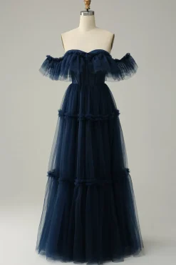 A-Line Off the Shoulder Sweetheart Tulle Navy Long Prom Dress