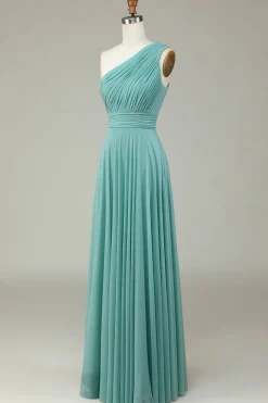 A-Line One Shoulder Sea Glass Long Bridesmaid Dress