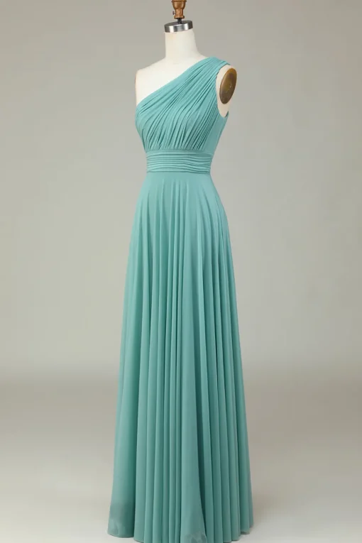 A-Line One Shoulder Sea Glass Long Bridesmaid Dress