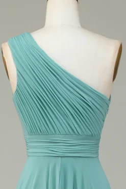 A-Line One Shoulder Sea Glass Long Bridesmaid Dress
