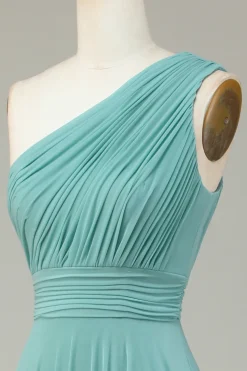 A-Line One Shoulder Sea Glass Long Bridesmaid Dress