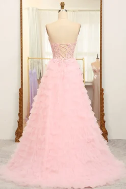 A-line Pink Strapless Tiered Corset Prom Dress with Appliques