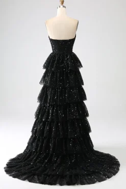 A-Line Sequins Black Tiered Prom Dress with Slit