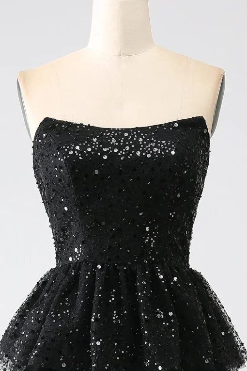 A-Line Sequins Black Tiered Prom Dress with Slit