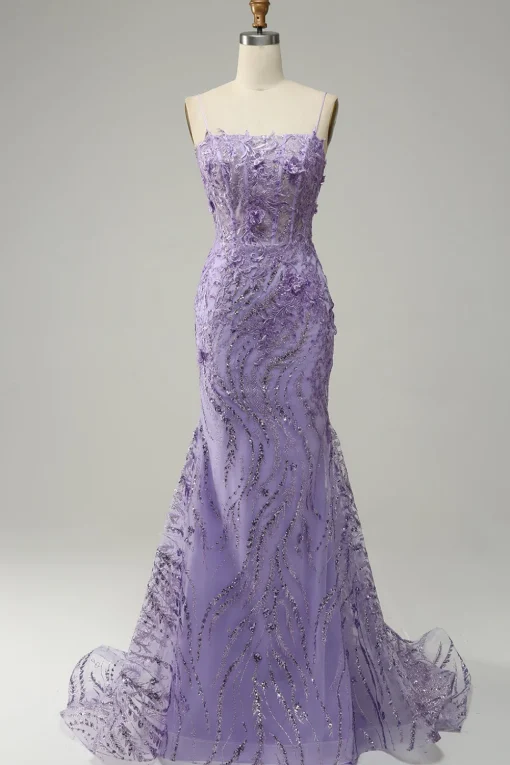 A-Line Spaghetti Straps Beaded Purple Mermaid Prom Dress
