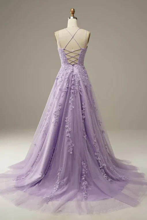 A-Line Spaghetti Straps Purple Long Prom Dress