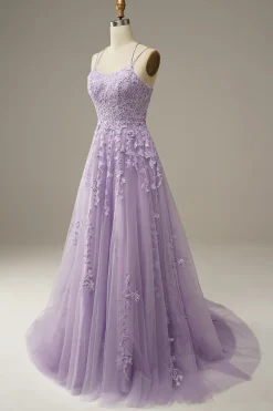 A-Line Spaghetti Straps Purple Long Prom Dress