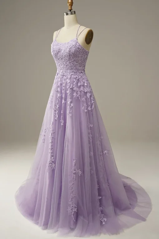 A-Line Spaghetti Straps Purple Long Prom Dress