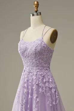 A-Line Spaghetti Straps Purple Long Prom Dress