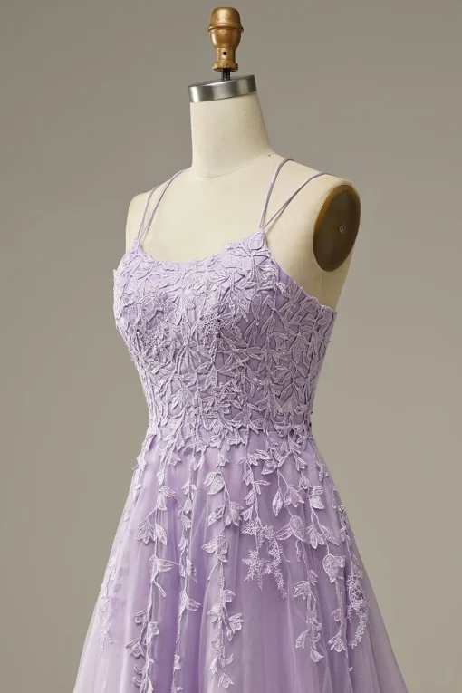 A-Line Spaghetti Straps Purple Long Prom Dress