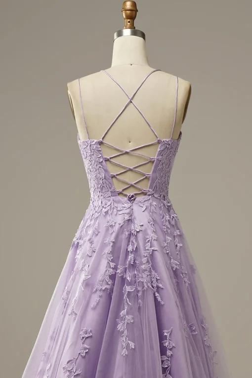 A-Line Spaghetti Straps Purple Long Prom Dress