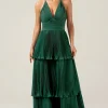 A-Line Tiered Chiffon Dark Green Long Bridesmaid Dress with Pleated