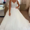 A-Line Tulle Spaghetti Straps White Corset Long Wedding Dress with Beading