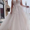 A-Line Tulle Sparkly White Sequins Long Plus Size Wedding Dress with Appliques