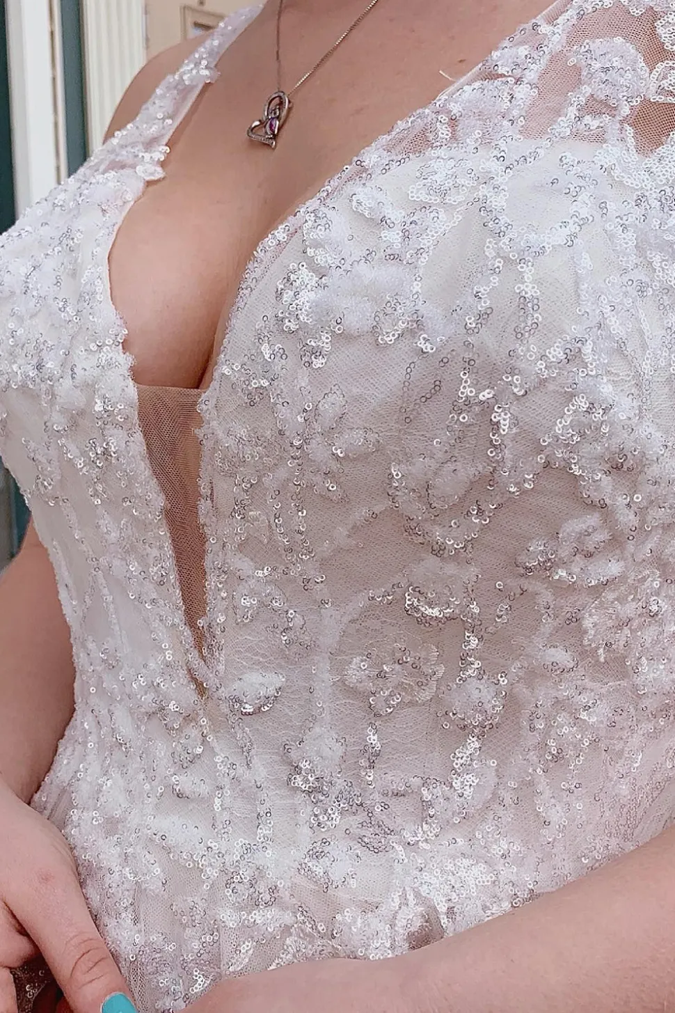 A-Line Tulle Sparkly White Sequins Long Plus Size Wedding Dress with Appliques