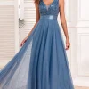 A-Line V-Neck Blue Prom Dress
